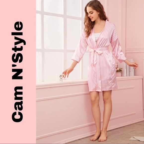 Boutique Other - New Pink Striped Satin Silk-Like Kimono Robe​